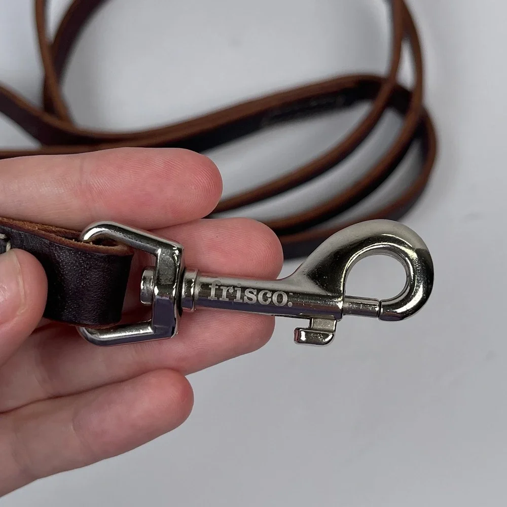 Frisco Leather Dog Leash Brown Genuine Leather Silver Hardware Walking Lead 6'